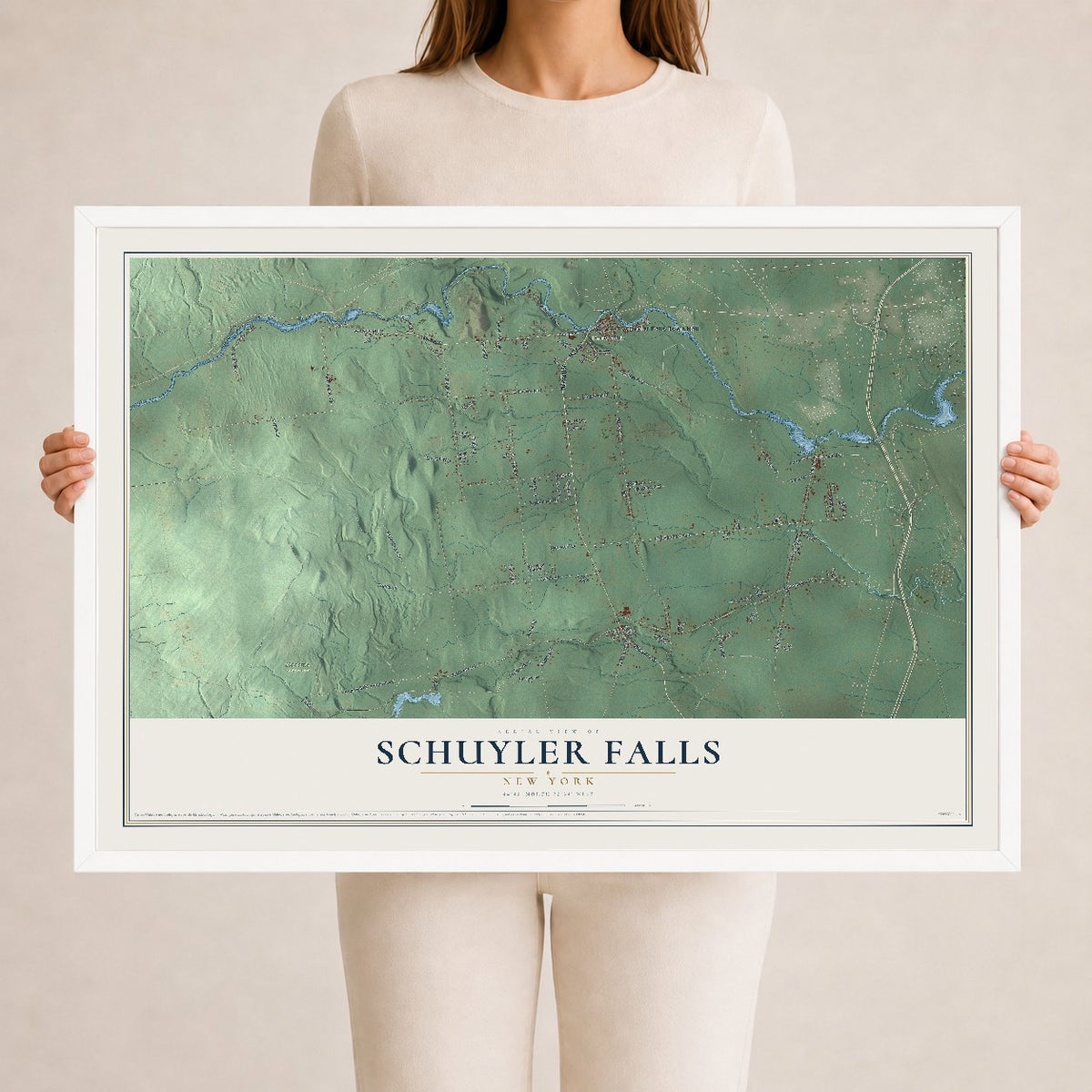 Schuyler Falls, New York map print, 24" x 36" W/ White Ayous Wood Frame mockup