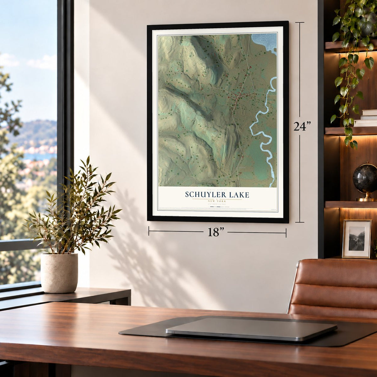 Schuyler Lake, New York map, 18 x 24 inch print in a black frame in a home office
