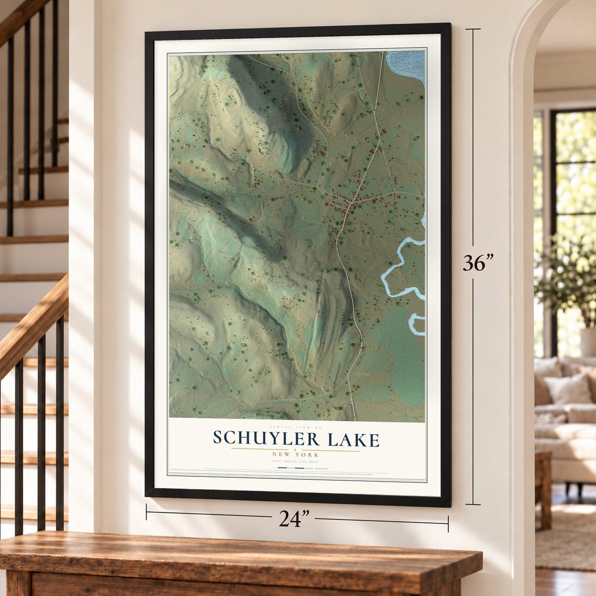 Schuyler Lake, New York map, 24 x 36 inch print in a black frame by a staircase