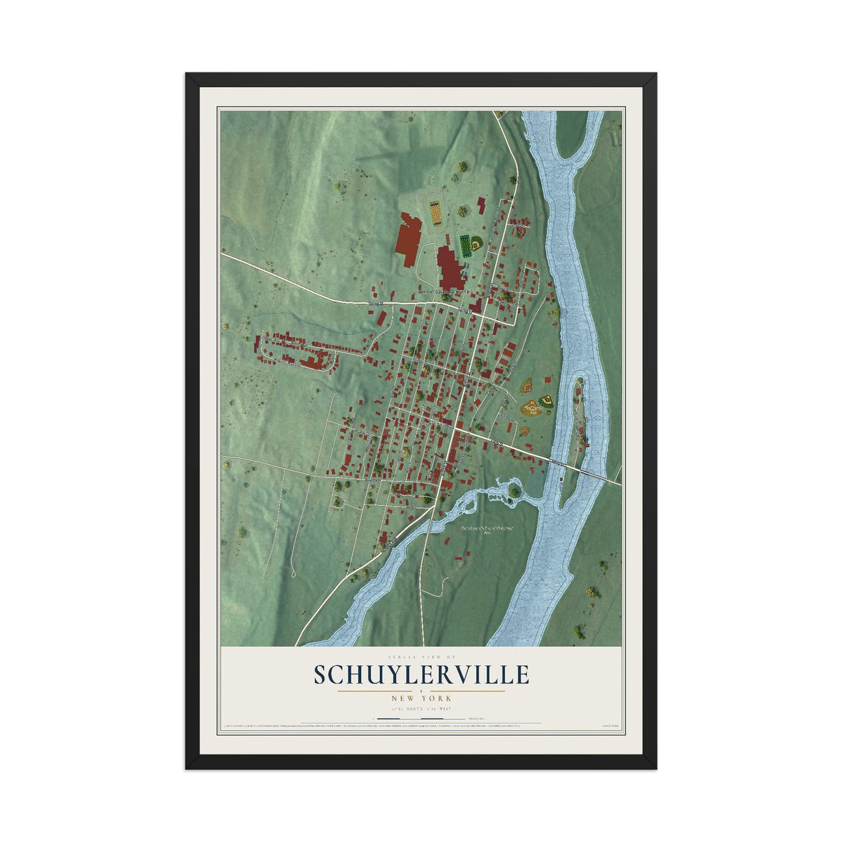 Schuylerville, New York map print, 12" x 18" W/ Black Ayous Wood Frame mockup