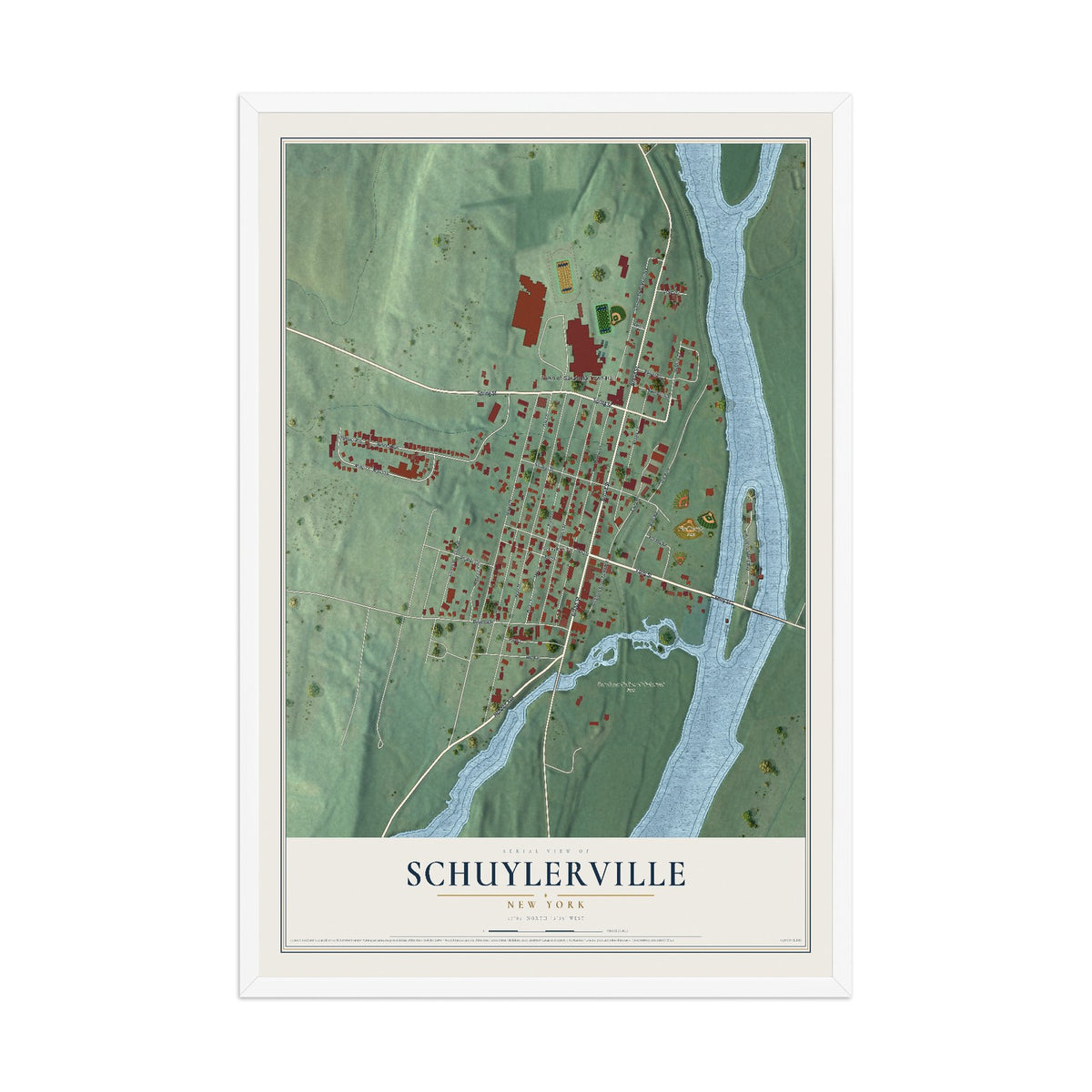Schuylerville, New York map print, 12" x 18" W/ White Ayous Wood Frame mockup