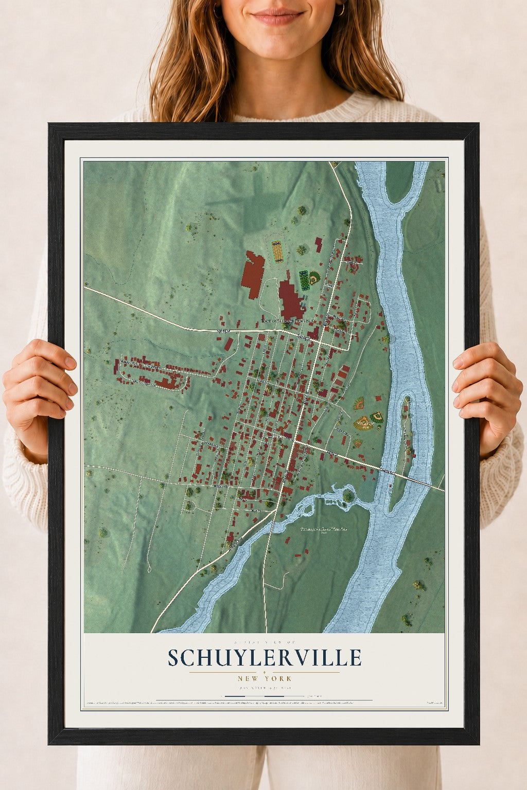 Schuylerville, New York map print, 18" x 24" W/ Black Ayous Wood Frame mockup