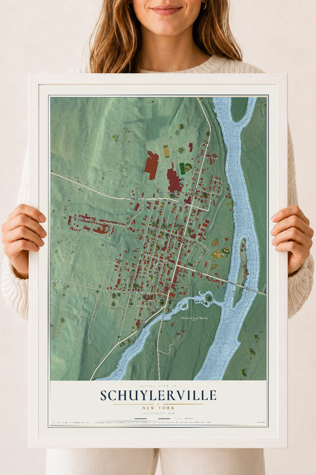 Schuylerville, New York map print, 18" x 24" W/ White Ayous Wood Frame mockup