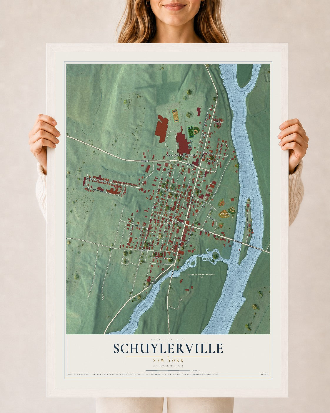 Schuylerville, New York map print, 24" x 36" W/ White Ayous Wood Frame mockup