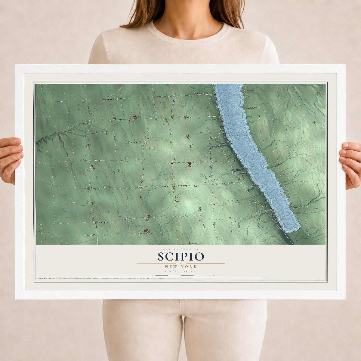 Scipio, New York map print, 18" x 24" W/ White Ayous Wood Frame mockup