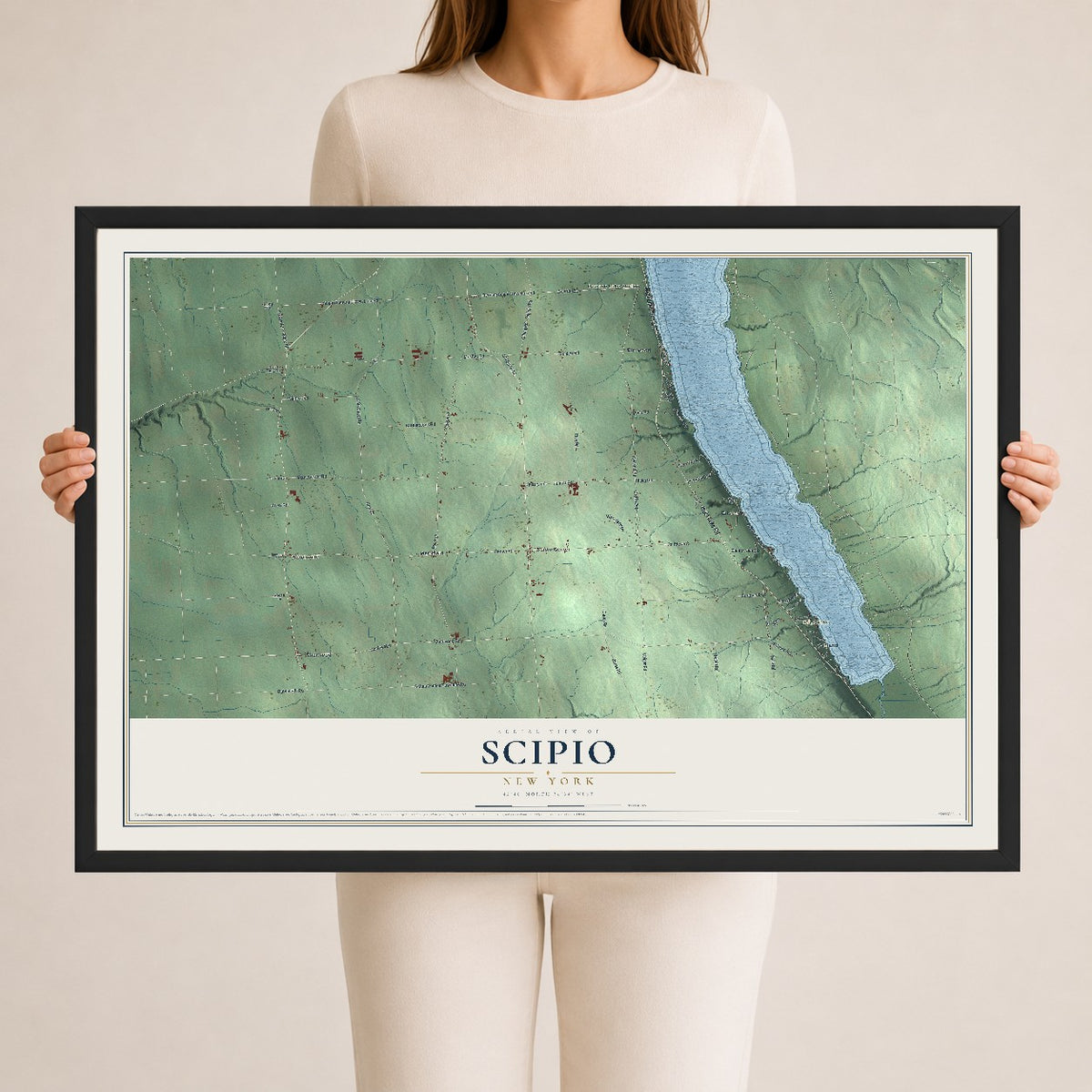 Scipio, New York map print, 24" x 36" W/ Black Ayous Wood Frame mockup