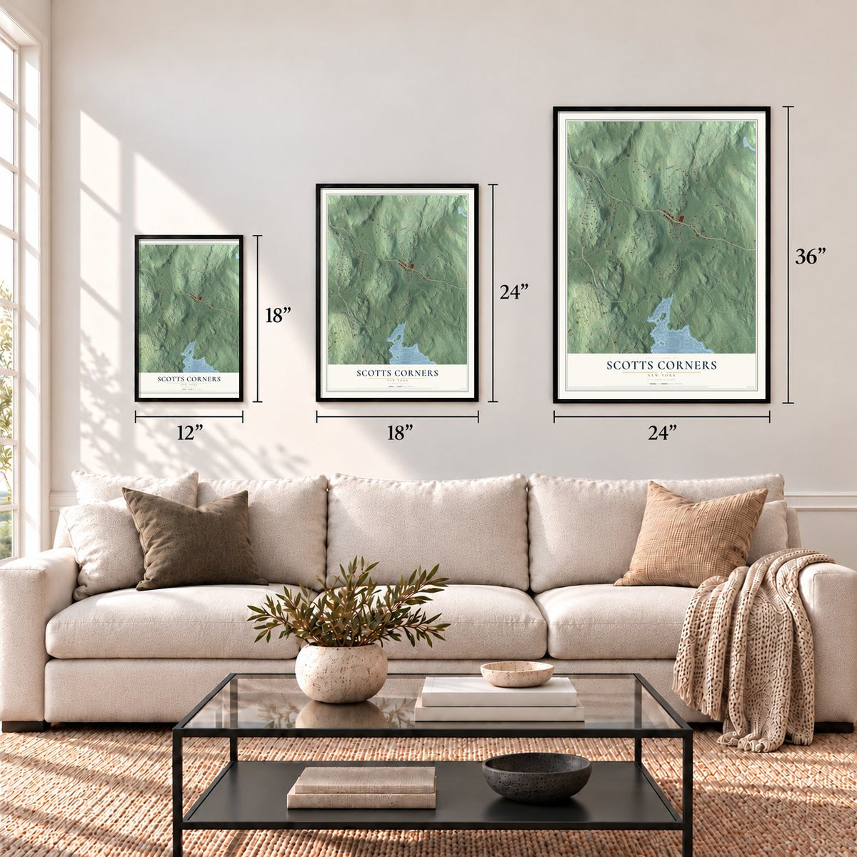 Scotts Corners, New York map in 12 x 18, 18 x 24 and 24 x 36 inch sizes above a sofa