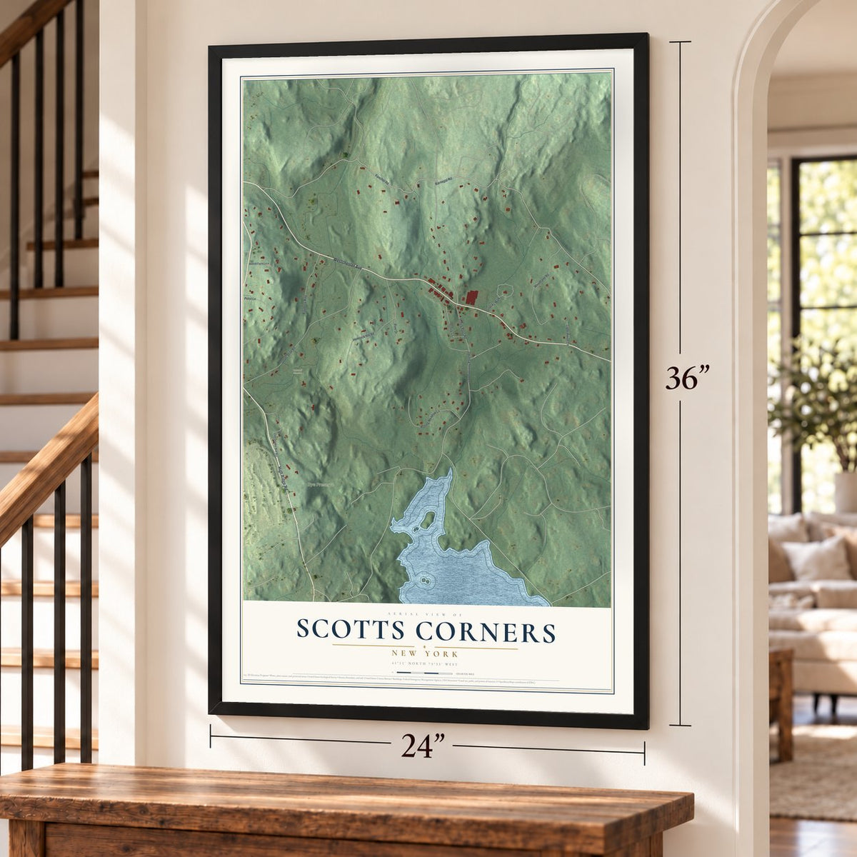 Scotts Corners, New York map, 24 x 36 inch print in a black frame by a staircase