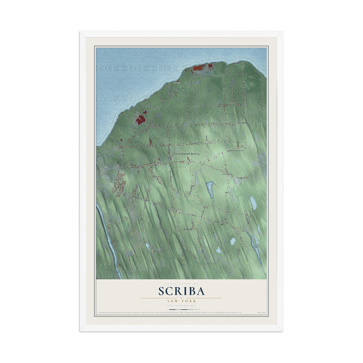 Scriba, New York map print, 12" x 18" W/ White Ayous Wood Frame mockup