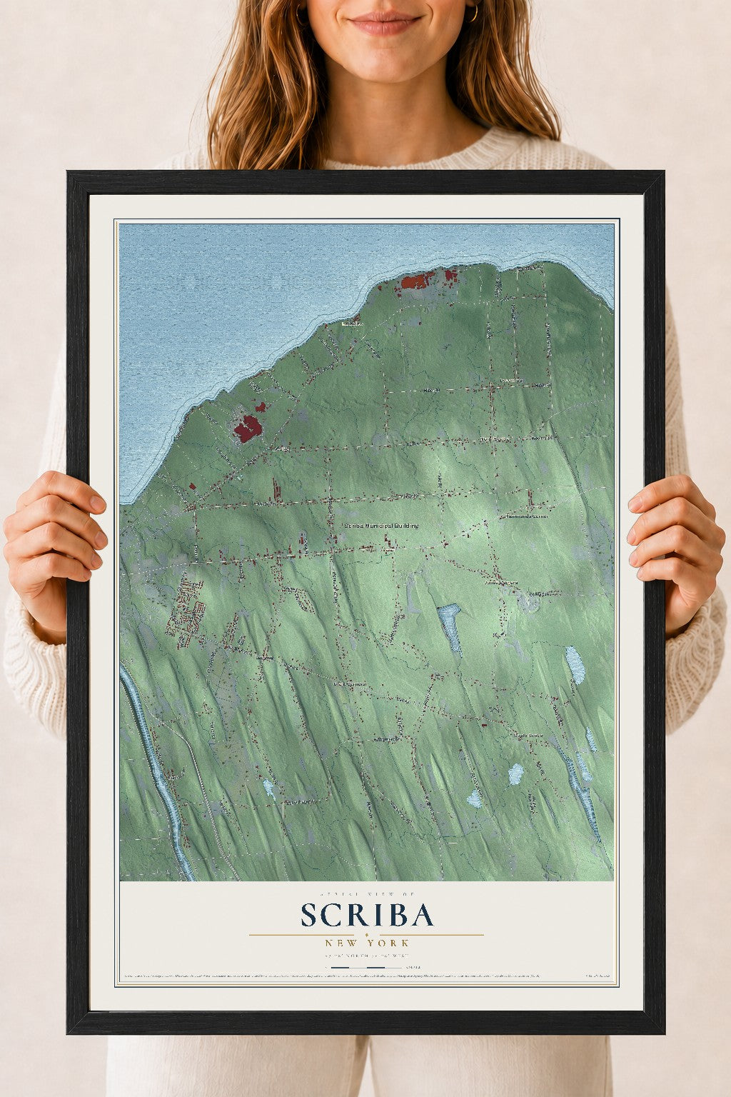 Scriba, New York map print, 18" x 24" W/ Black Ayous Wood Frame mockup