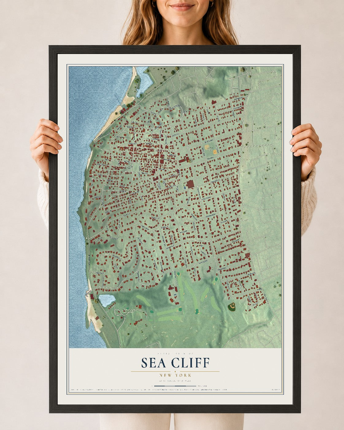 Sea Cliff, New York map print, 24" x 36" W/ Black Ayous Wood Frame mockup