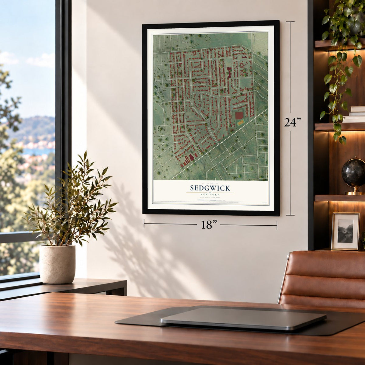 Sedgwick, New York map, 18 x 24 inch print in a black frame in a home office