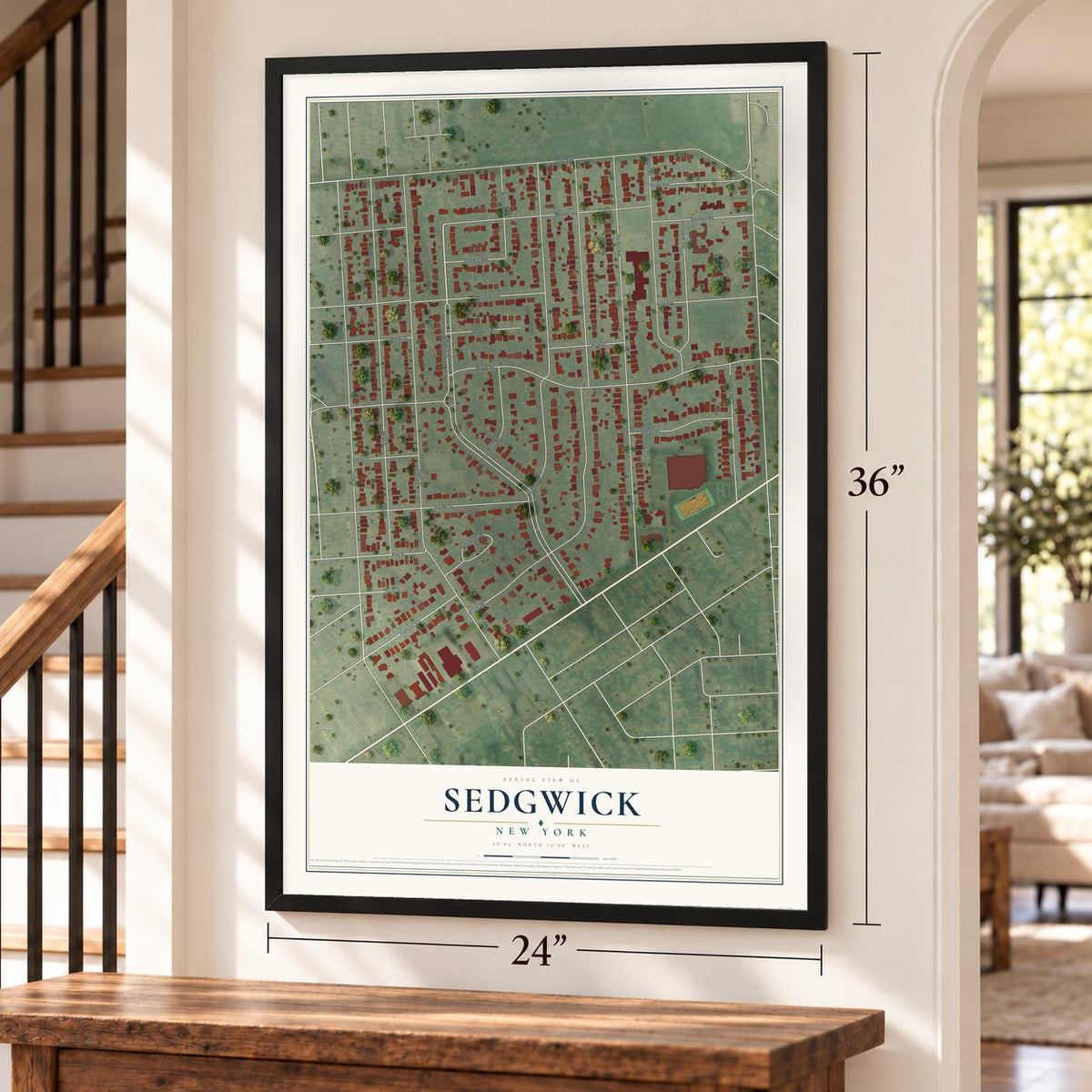 Sedgwick, New York map, 24 x 36 inch print in a black frame by a staircase