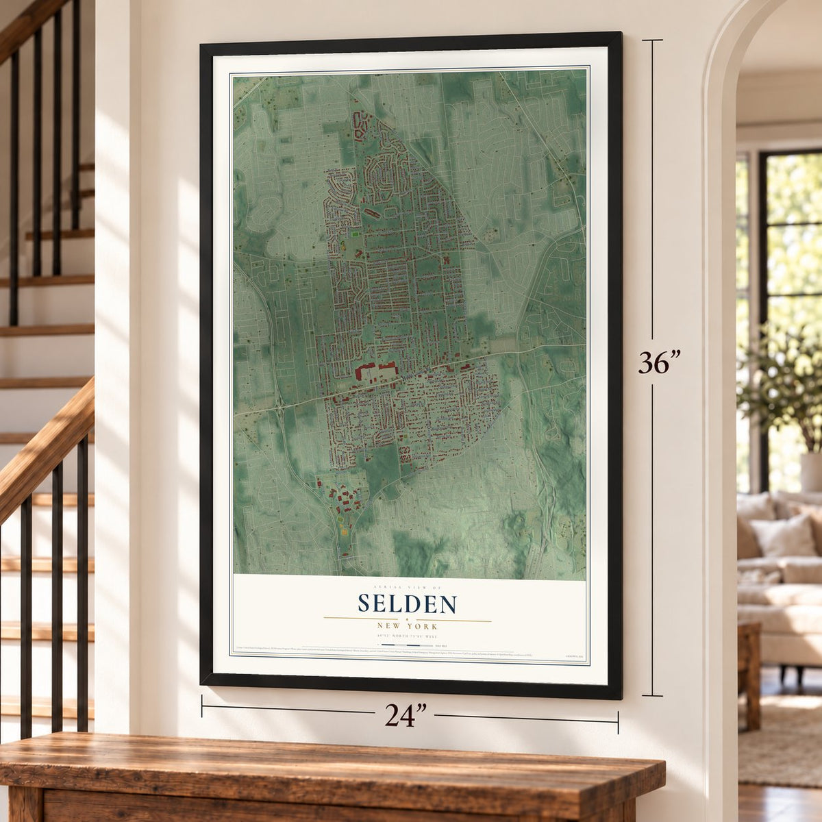 Selden, New York map, 24 x 36 inch print in a black frame by a staircase