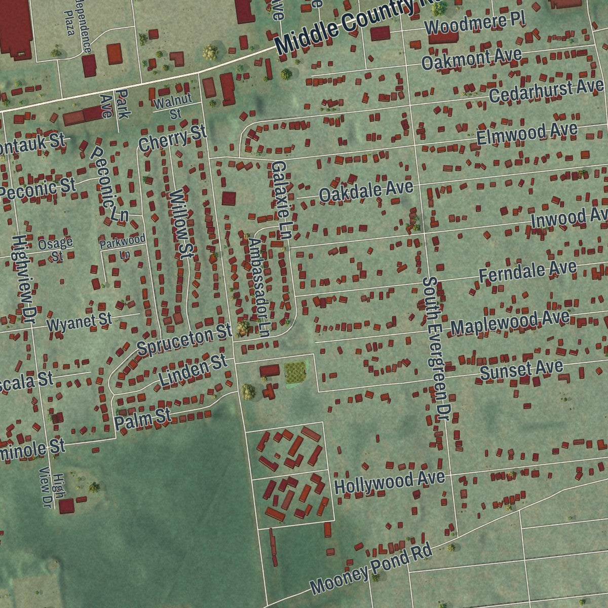 Close-up of the map of Selden, New York print showing street and building detail