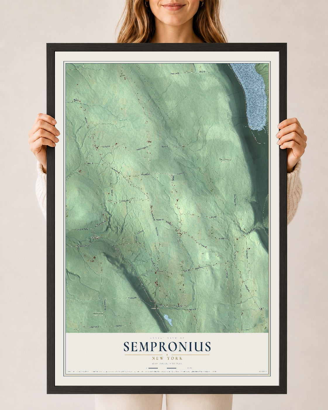 Sempronius, New York map print, 24" x 36" W/ Black Ayous Wood Frame mockup