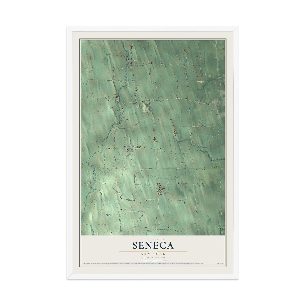 Seneca, New York map print, 12" x 18" W/ White Ayous Wood Frame mockup