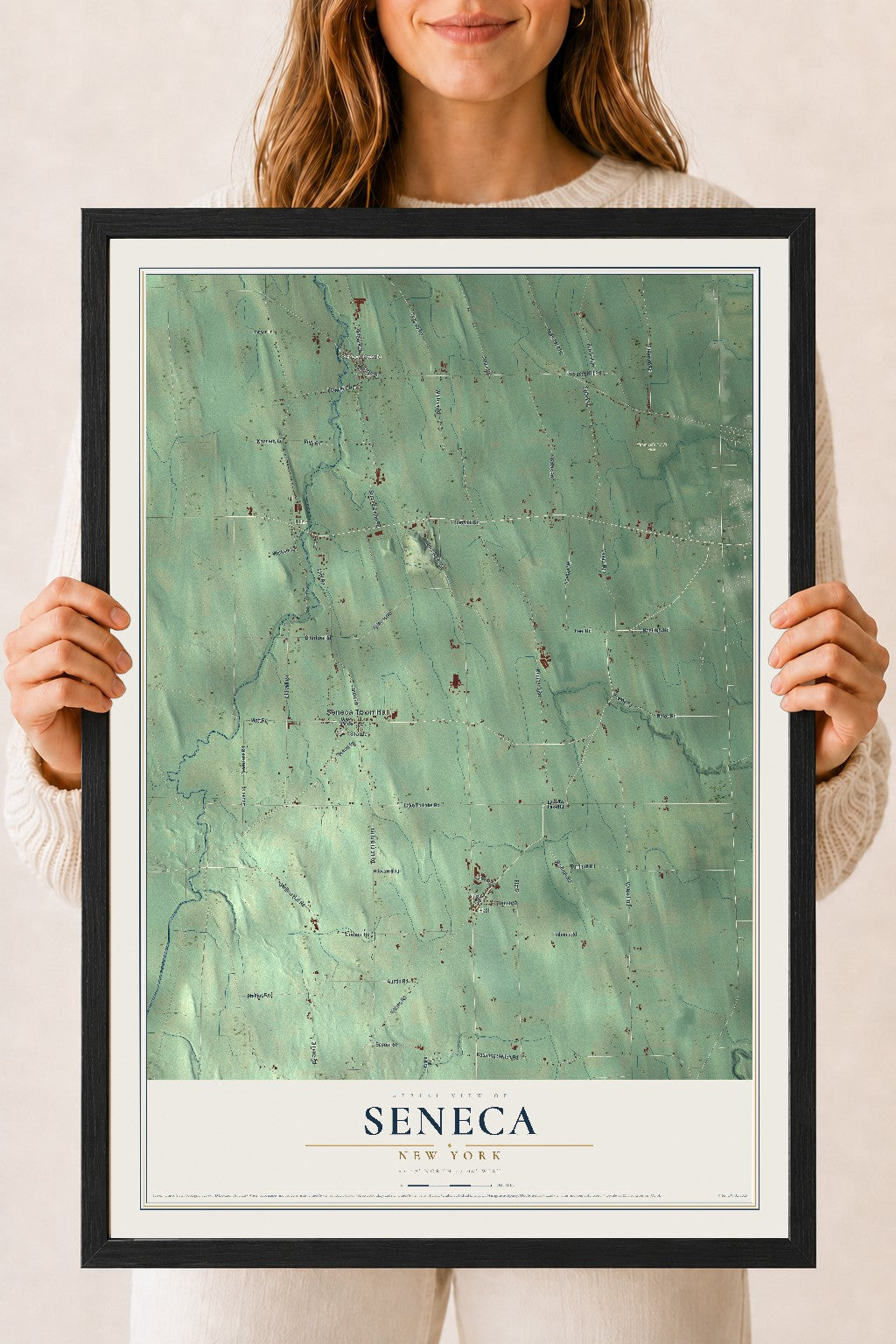 Seneca, New York map print, 18" x 24" W/ Black Ayous Wood Frame mockup