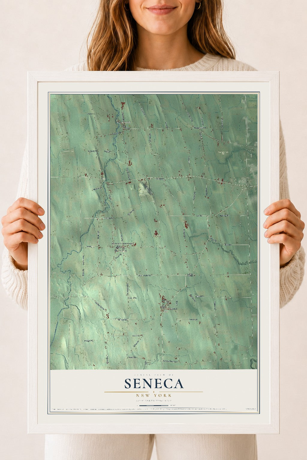 Seneca, New York map print, 18" x 24" W/ White Ayous Wood Frame mockup