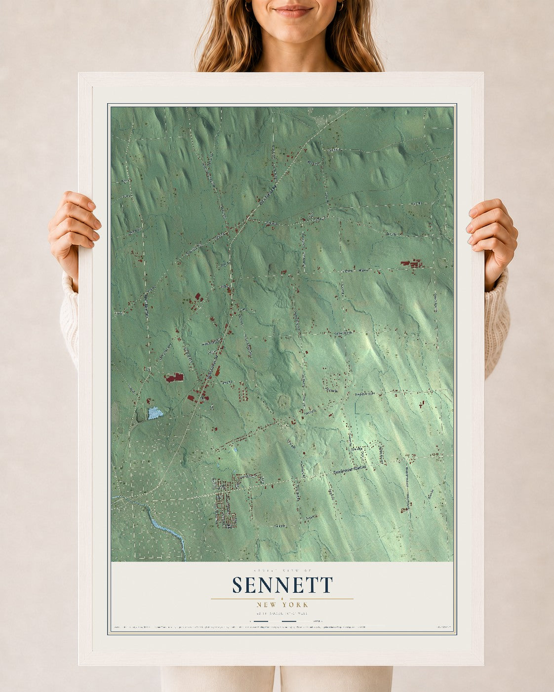 Sennett, New York map print, 24" x 36" W/ White Ayous Wood Frame mockup