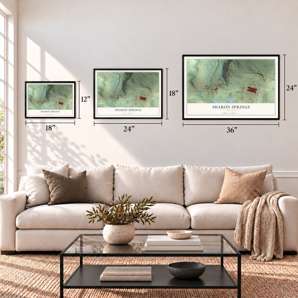 Sharon Springs, New York map in 12 x 18, 18 x 24 and 24 x 36 inch sizes above a sofa