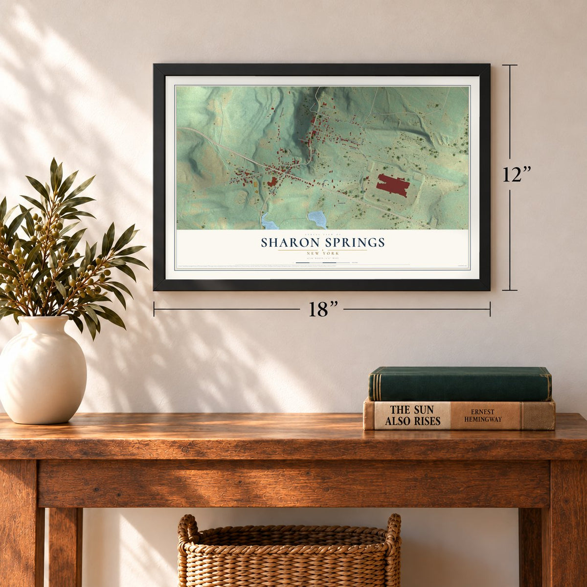 Sharon Springs, New York map, 12 x 18 inch print in a black frame in an entryway