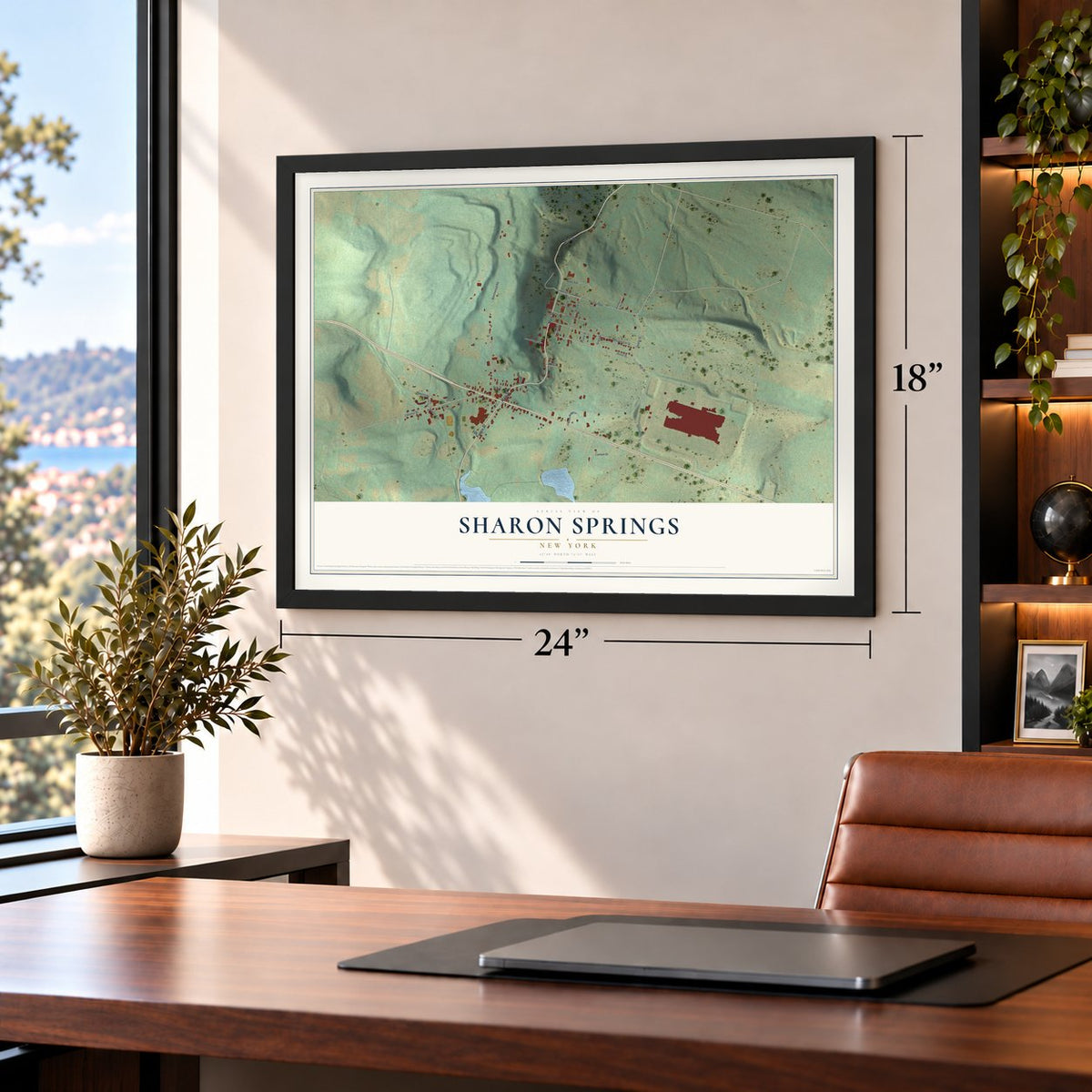 Sharon Springs, New York map, 18 x 24 inch print in a black frame in a home office