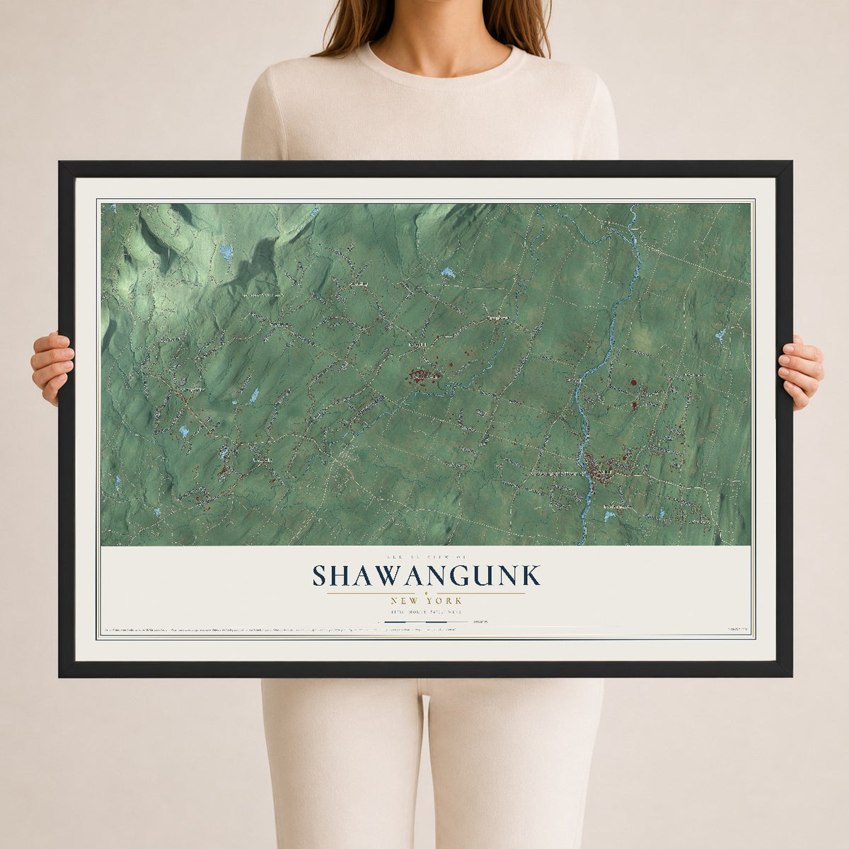 Shawangunk, New York map print, 24" x 36" W/ Black Ayous Wood Frame mockup