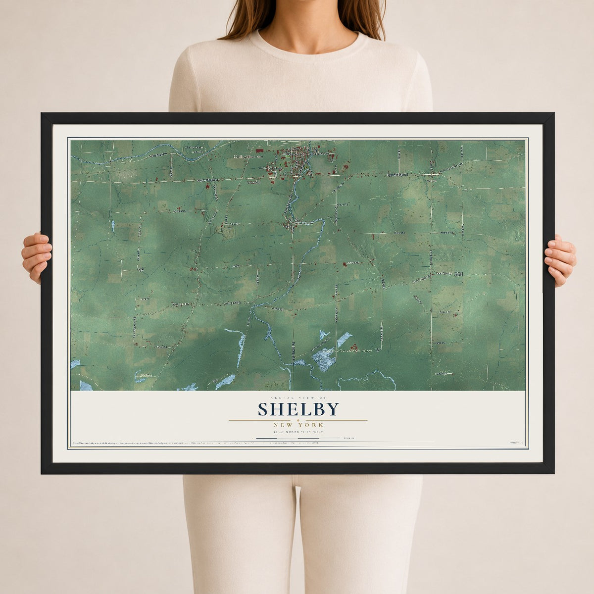 Shelby, New York map print, 24" x 36" W/ Black Ayous Wood Frame mockup
