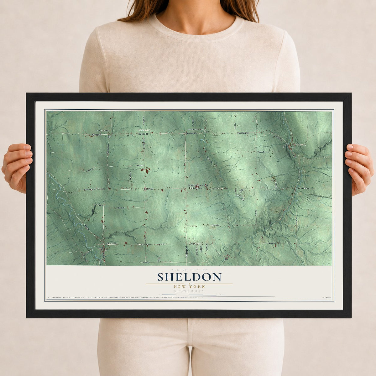 Sheldon, New York map print, 12" x 18" W/ Black Ayous Wood Frame mockup