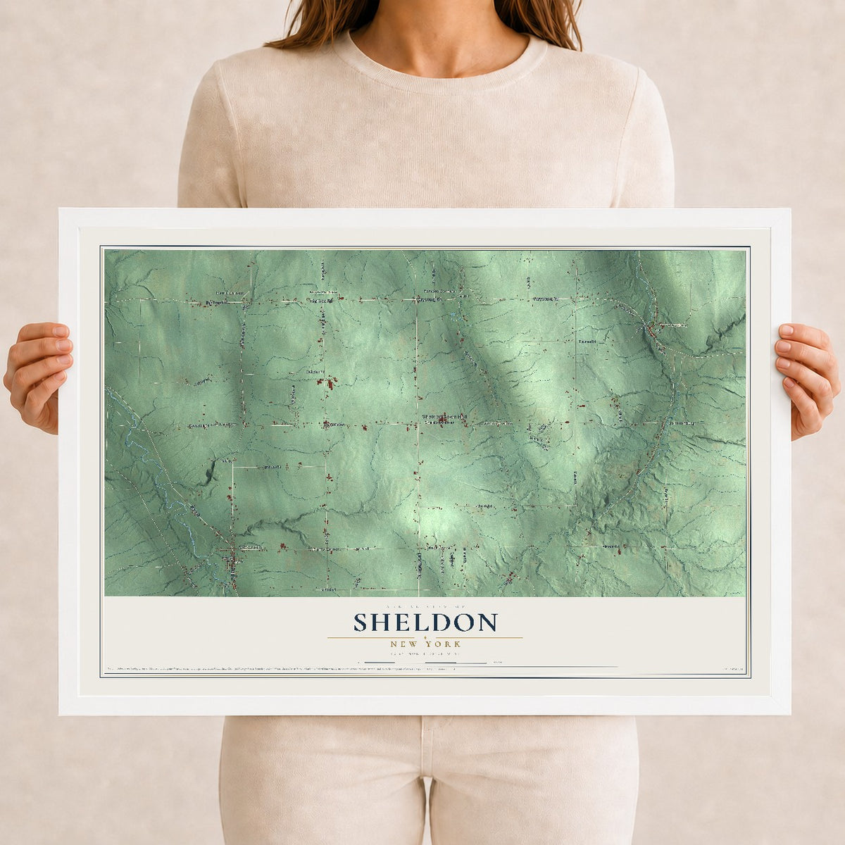 Sheldon, New York map print, 12" x 18" W/ White Ayous Wood Frame mockup