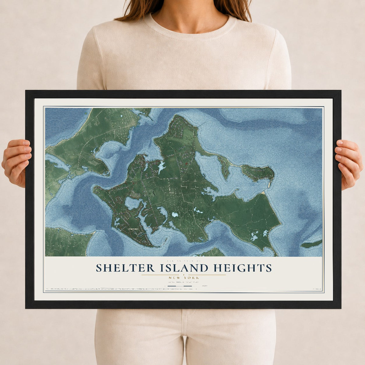 Shelter Island Heights, New York map print, 12" x 18" W/ Black Ayous Wood Frame mockup