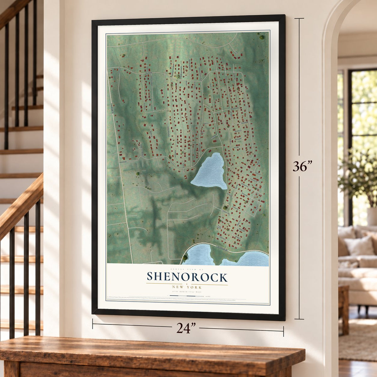 Shenorock, New York map, 24 x 36 inch print in a black frame by a staircase