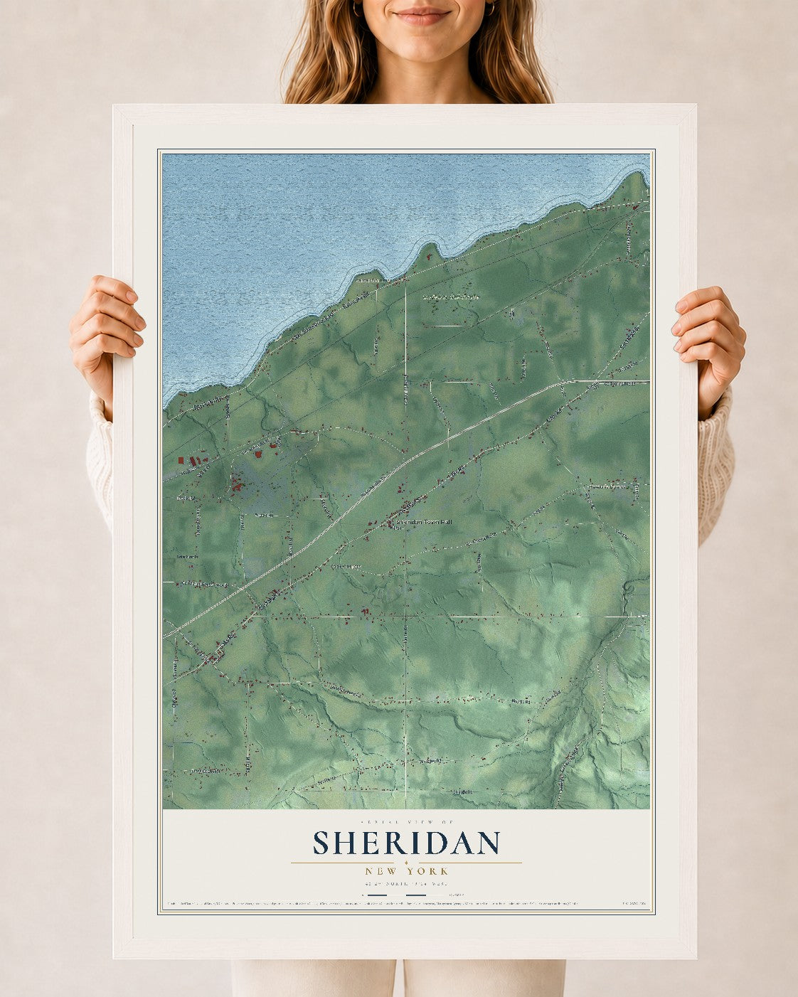 Sheridan, New York map print, 24" x 36" W/ White Ayous Wood Frame mockup