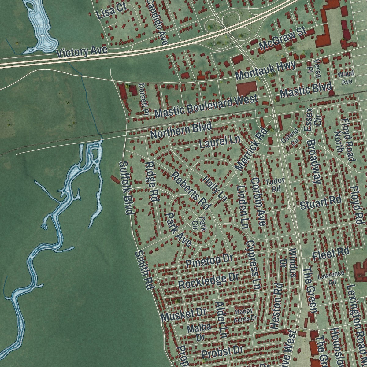 Close-up 1 of the Shirley, New York map artwork