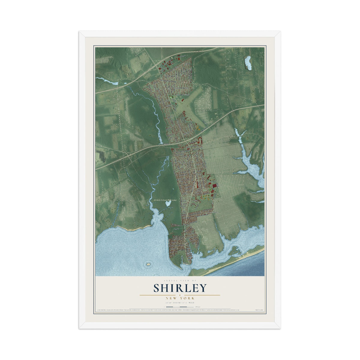 Shirley, New York map print, 12" x 18" W/ White Ayous Wood Frame mockup