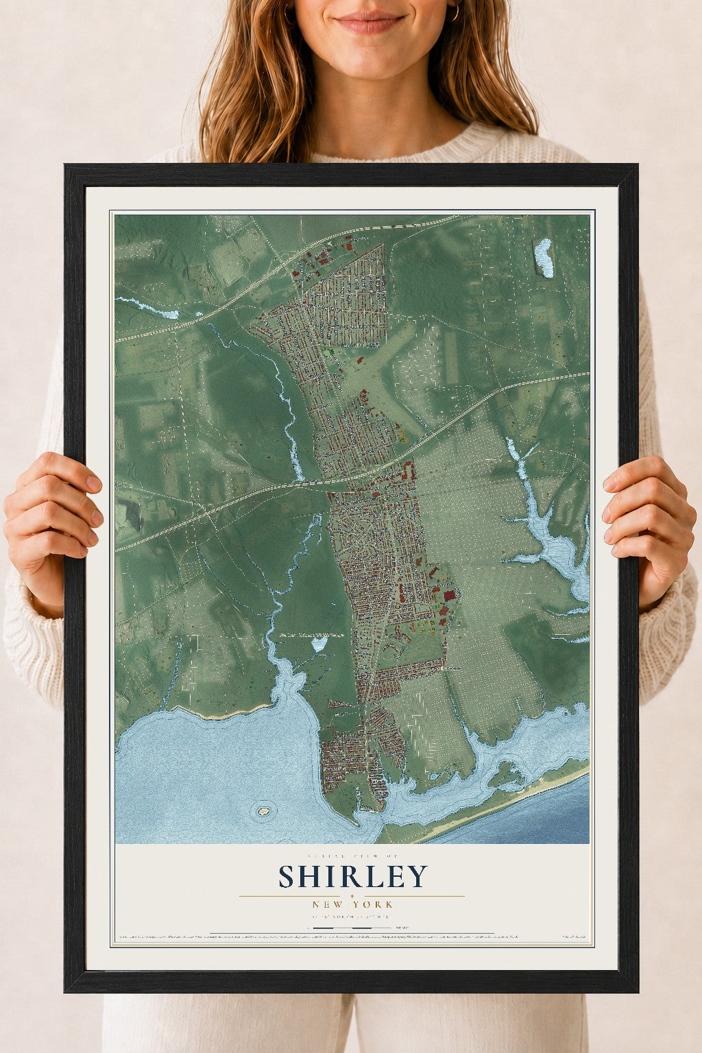 Shirley, New York map print, 18" x 24" W/ Black Ayous Wood Frame mockup
