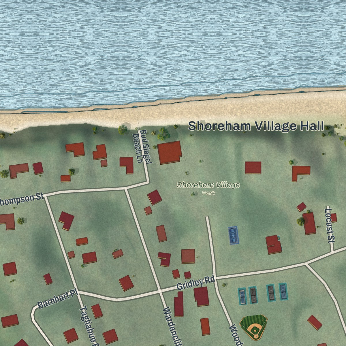 Close-up of the map of Shoreham, New York print showing street and building detail