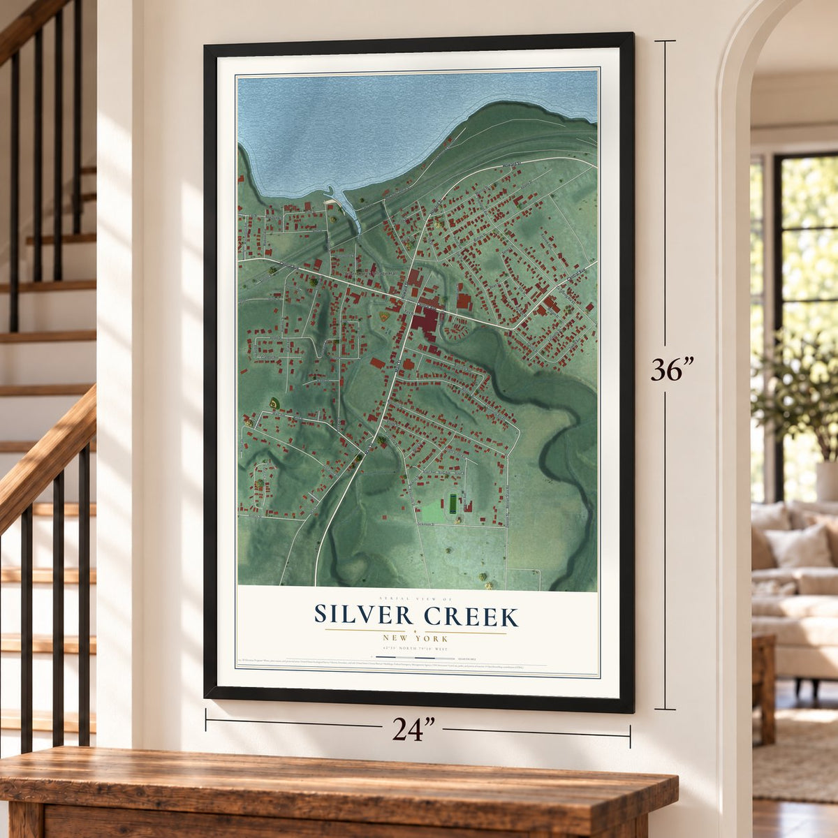 Silver Creek, New York map, 24 x 36 inch print in a black frame by a staircase