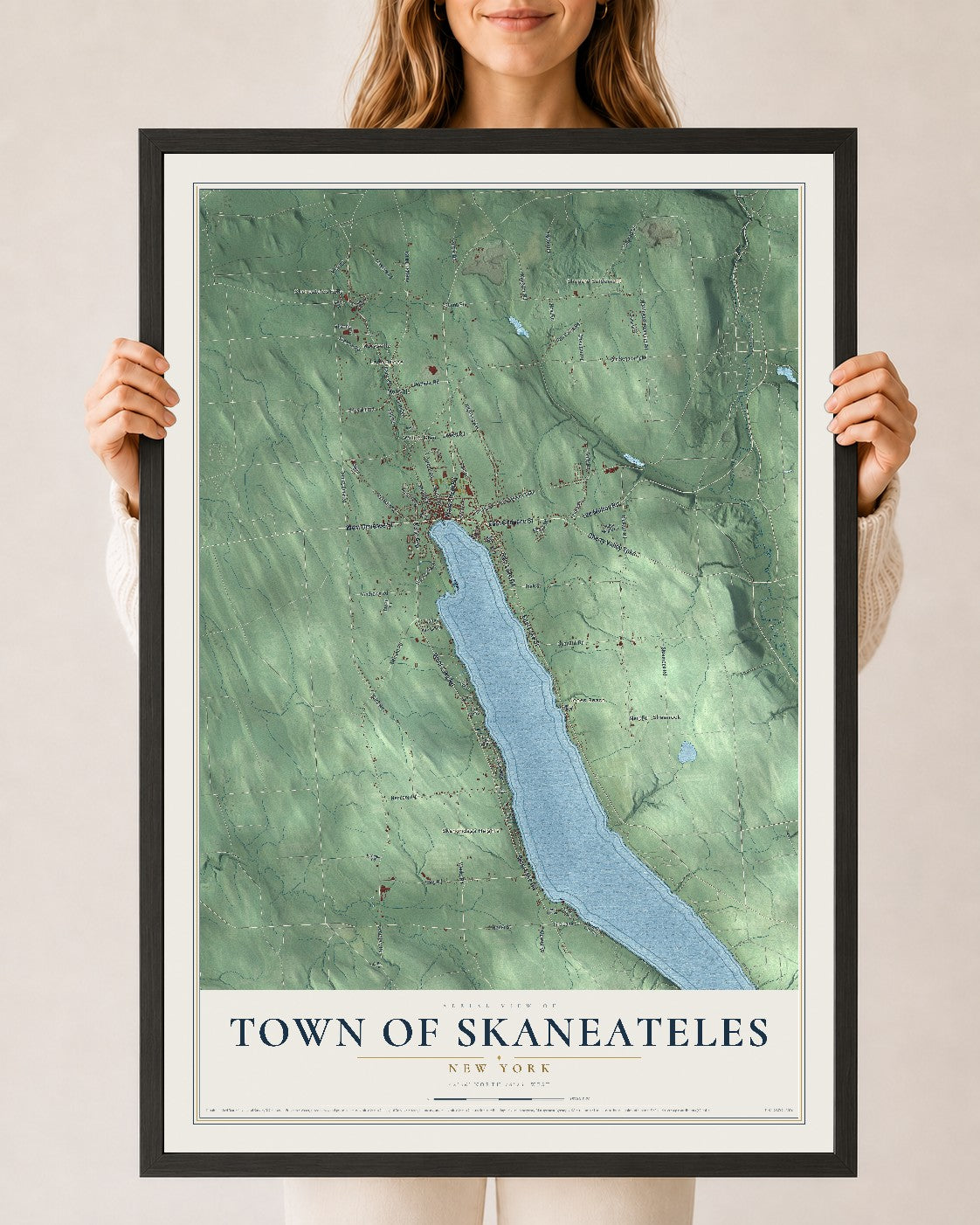 Skaneateles, New York map print, 24" x 36" W/ Black Ayous Wood Frame mockup