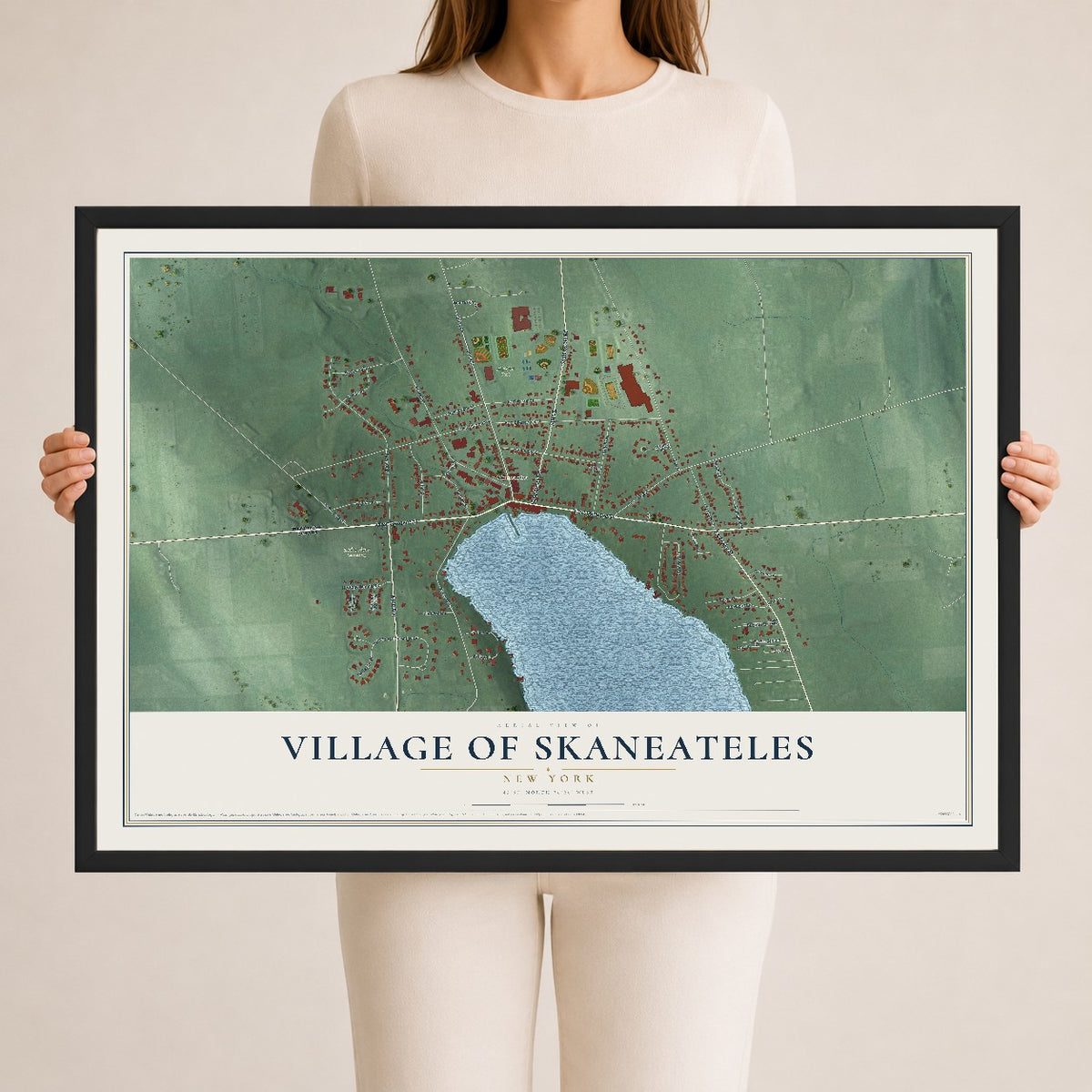 Skaneateles, New York map print, 24" x 36" W/ Black Ayous Wood Frame mockup