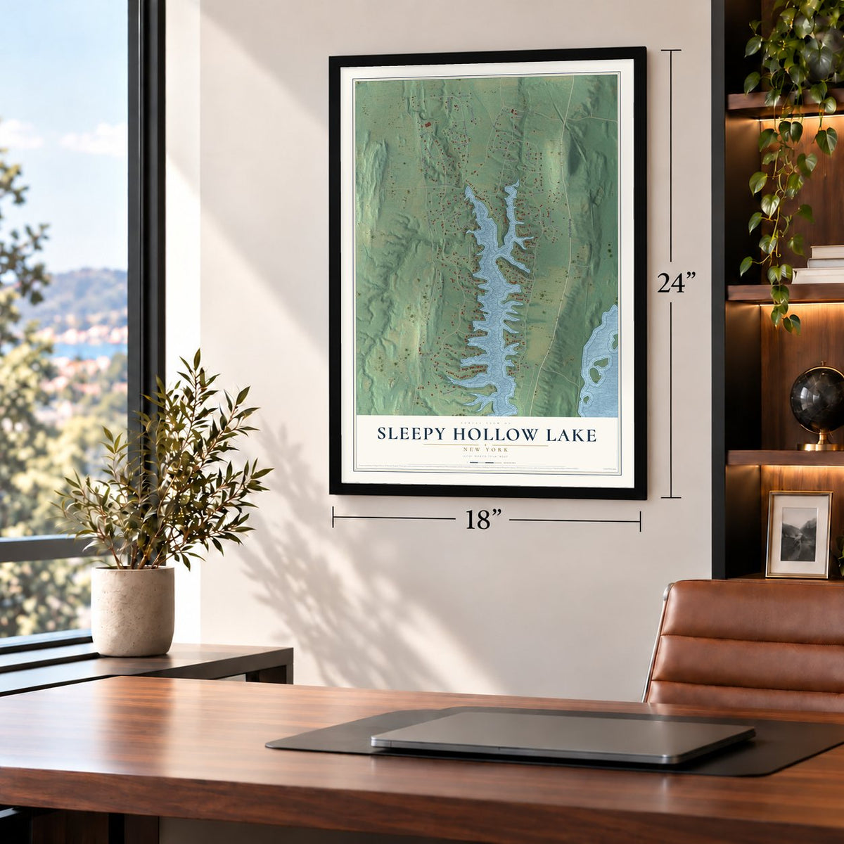 Sleepy Hollow Lake, New York map, 18 x 24 inch print in a black frame in a home office