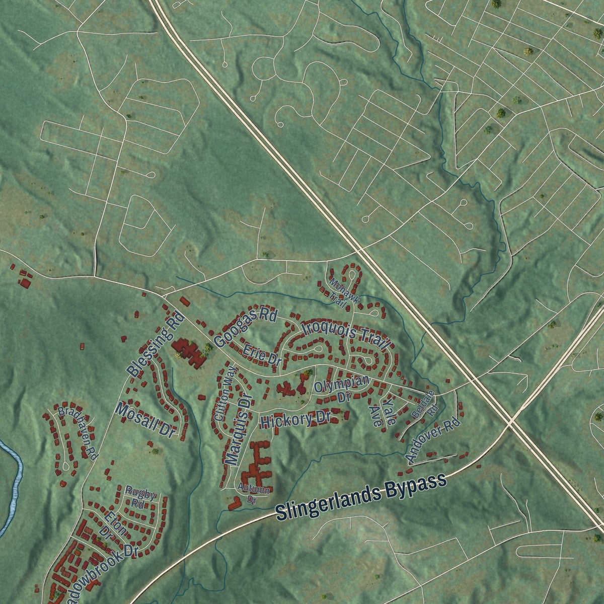 Close-up of the map of Slingerlands, New York print showing street and building detail