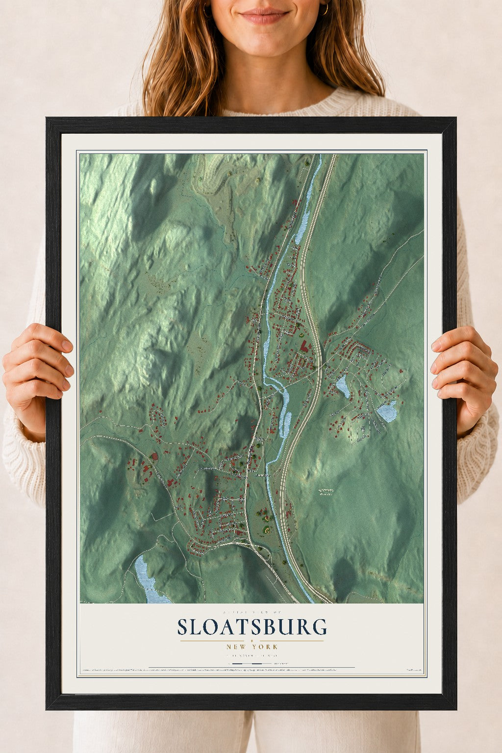 Sloatsburg, New York map print, 18" x 24" W/ Black Ayous Wood Frame mockup