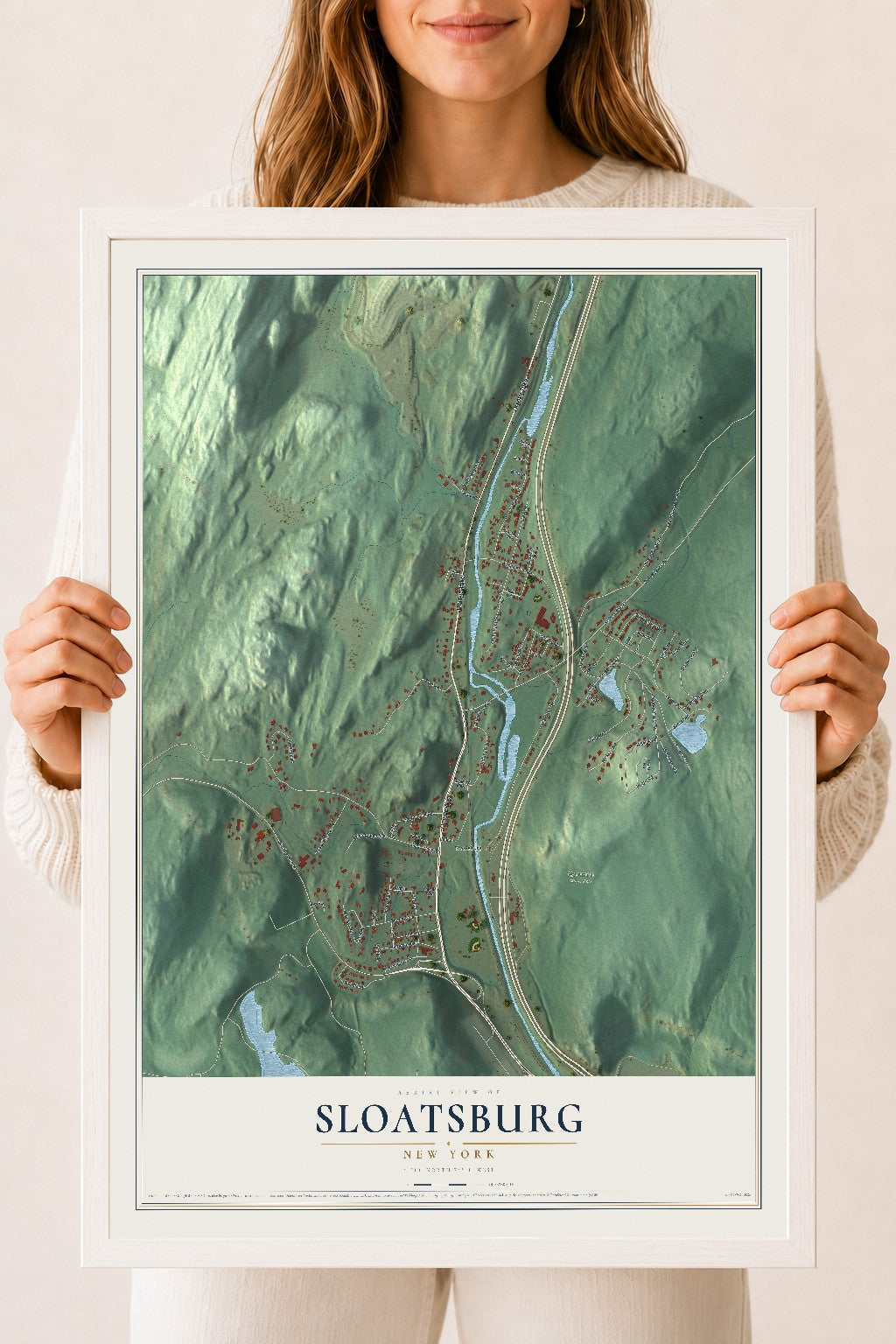 Sloatsburg, New York map print, 18" x 24" W/ White Ayous Wood Frame mockup