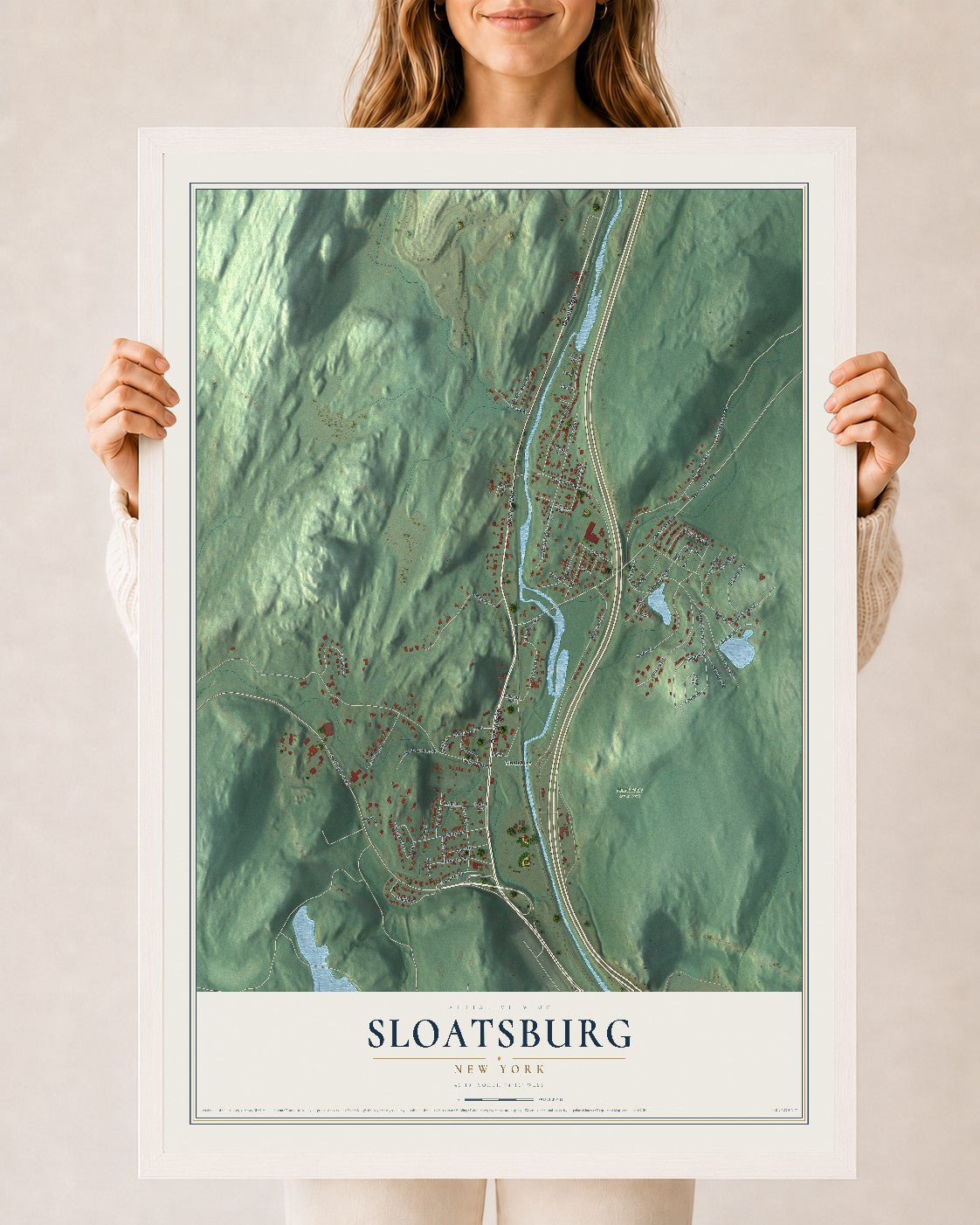 Sloatsburg, New York map print, 24" x 36" W/ White Ayous Wood Frame mockup
