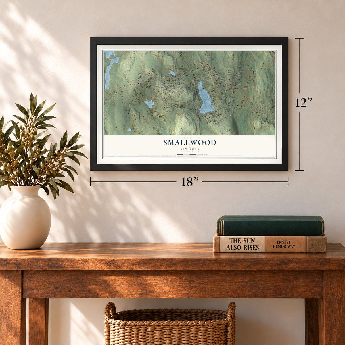 Smallwood, New York map, 12 x 18 inch print in a black frame in an entryway