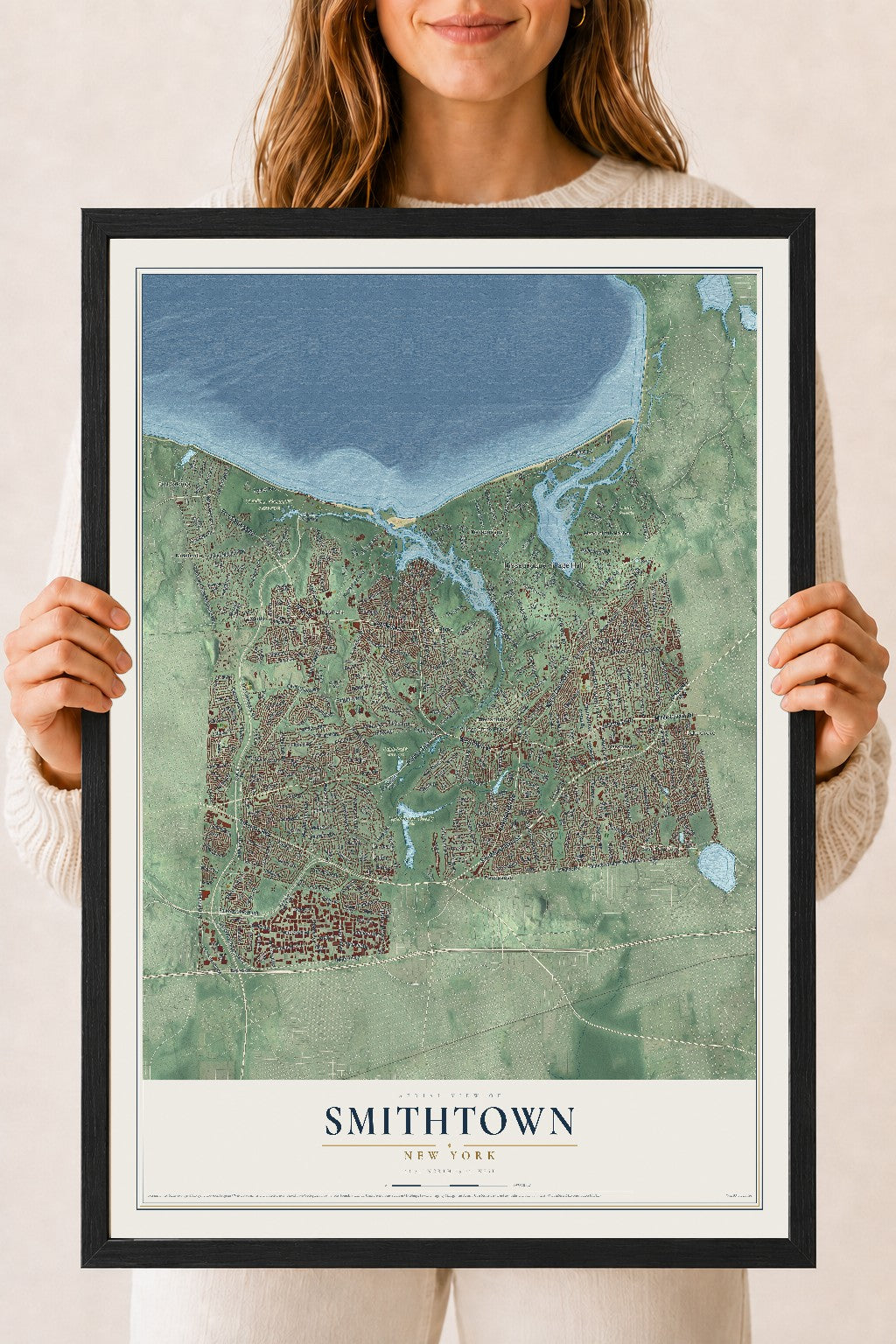 Smithtown, New York map print, 18" x 24" W/ Black Ayous Wood Frame mockup