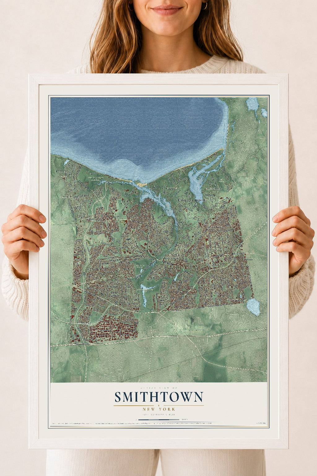 Smithtown, New York map print, 18" x 24" W/ White Ayous Wood Frame mockup