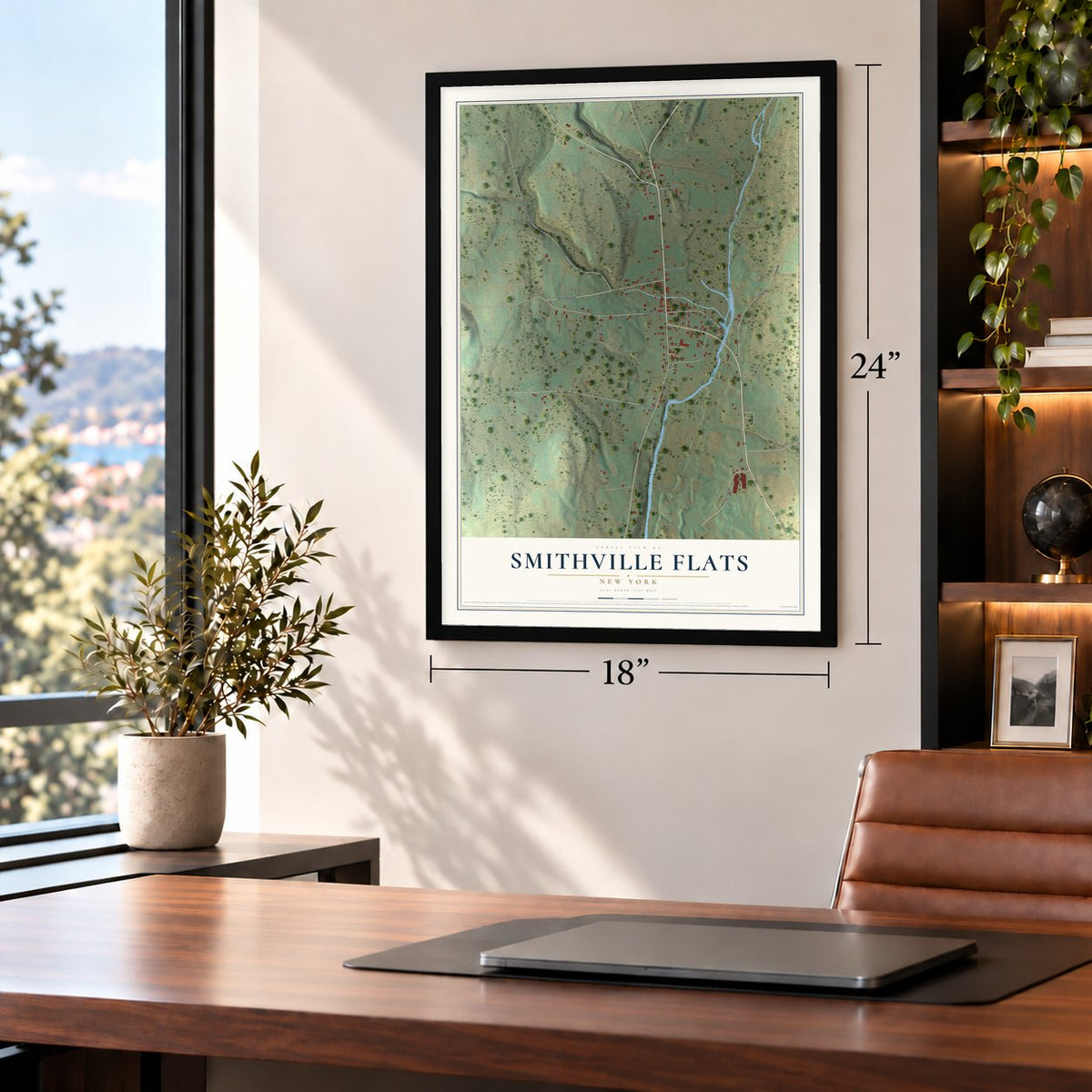 Smithville Flats, New York map, 18 x 24 inch print in a black frame in a home office
